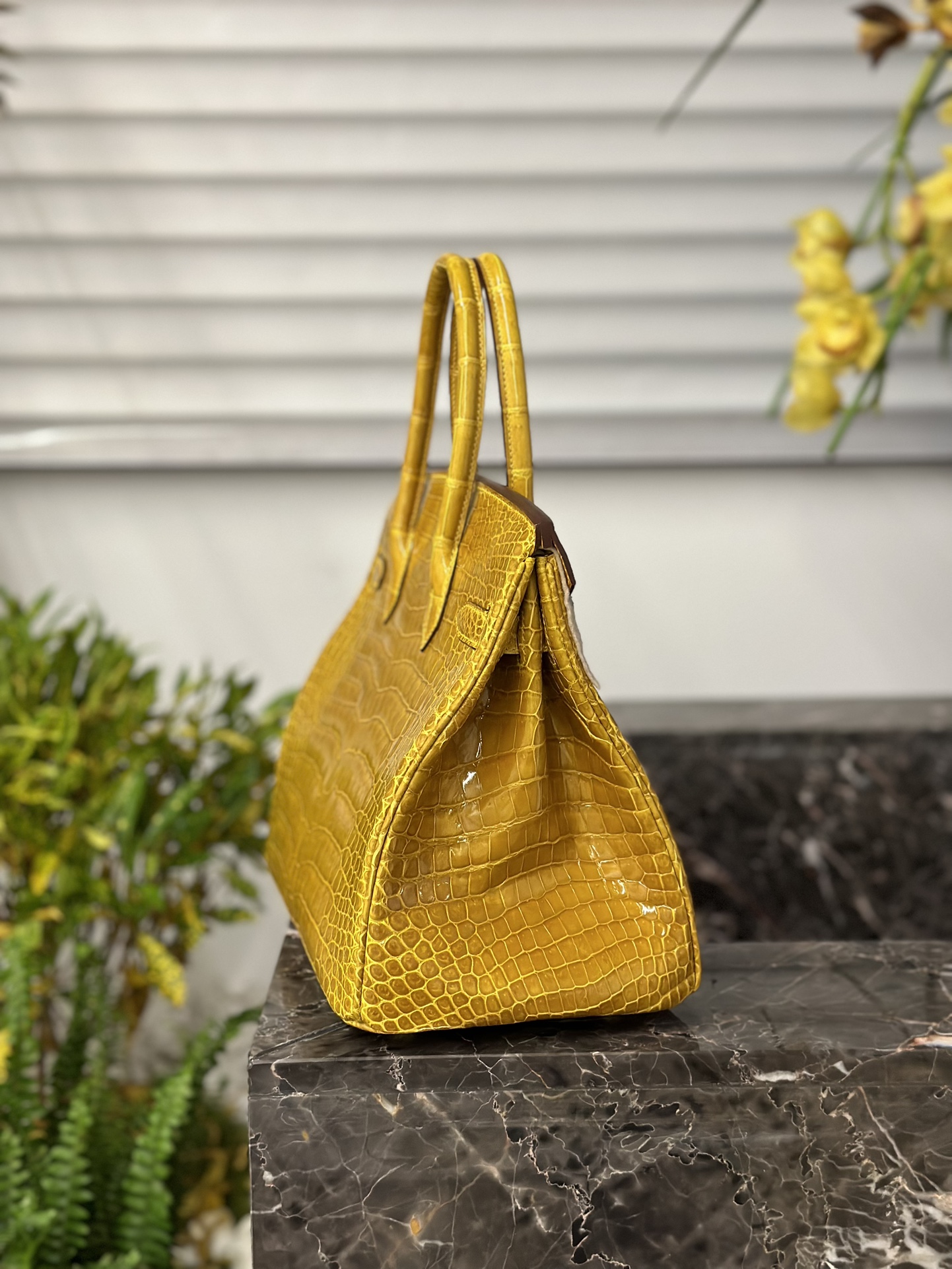 Crocodile Leather Amber Yellow 30cm Glossy Top Handle Tote Bag WCB095 image 5