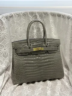 Crocodile Leather Dove Gray 30cm Glossy Top Handle Tote Bag WCB098 image 1