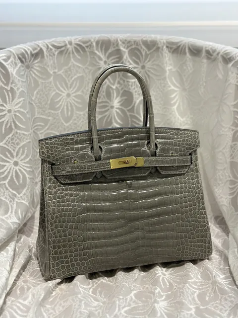 Crocodile Leather Dove Gray 30cm Glossy Top Handle Tote Bag WCB098