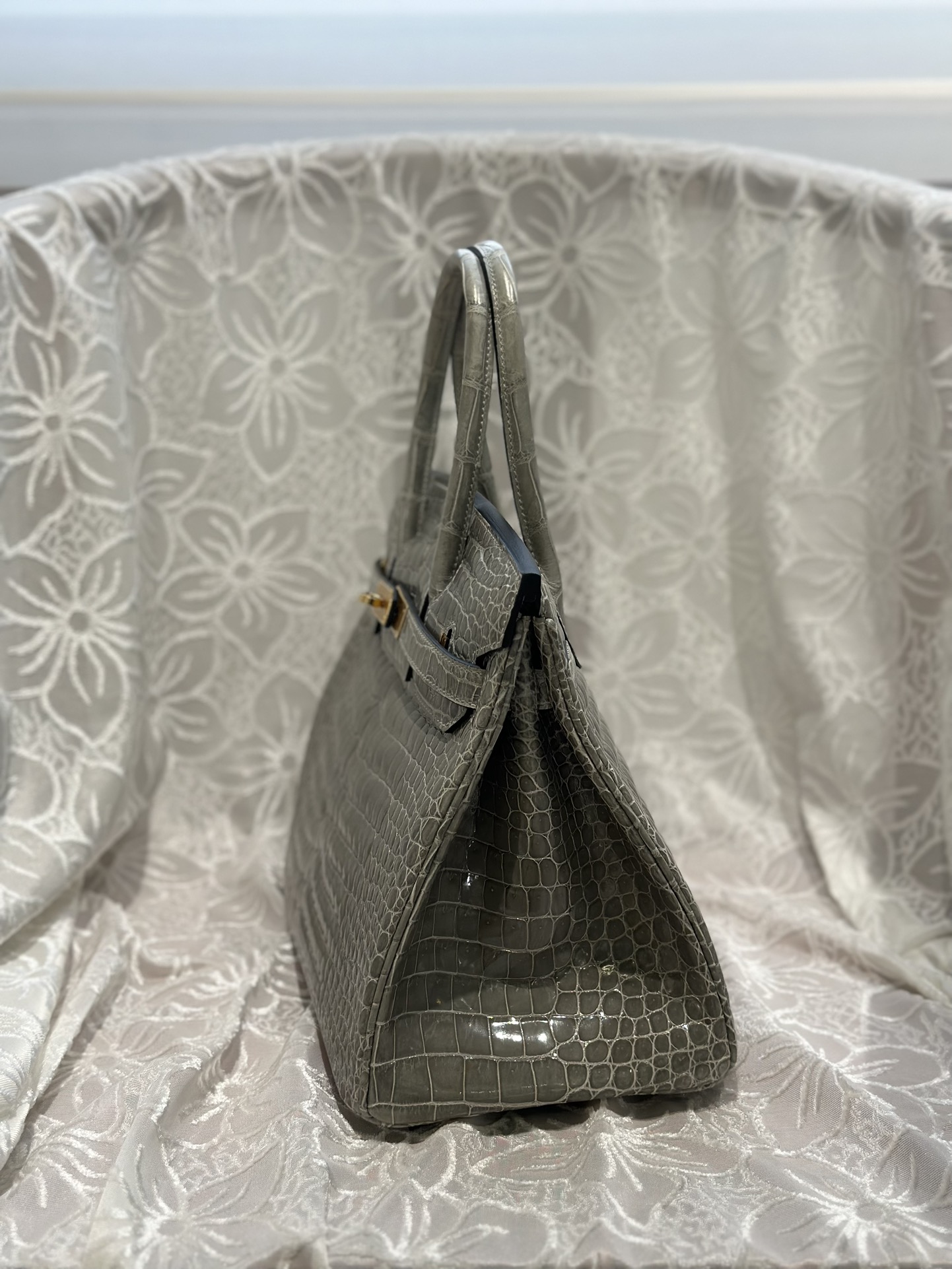 Crocodile Leather Dove Gray 30cm Glossy Top Handle Tote Bag WCB098 photo 4