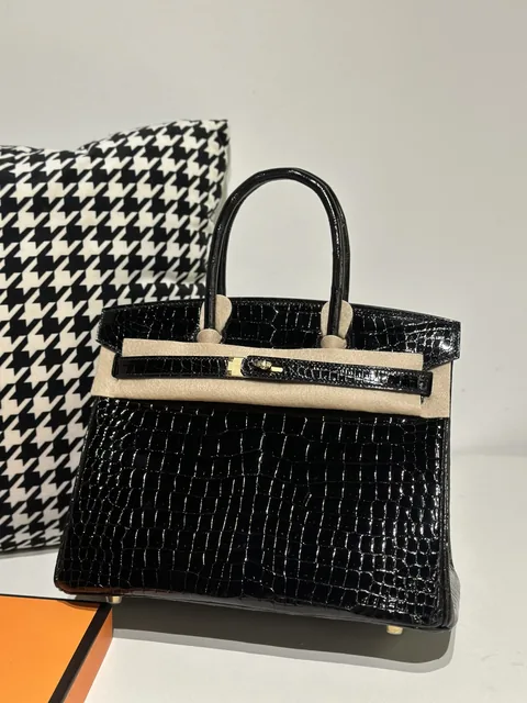 Crocodile Leather Black 30cm Glossy Gold Hardware Top Handle Tote Bag WCB099