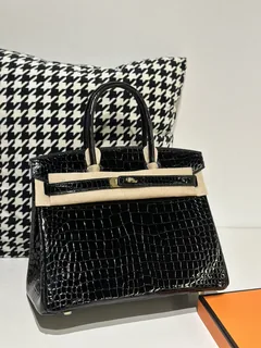 Crocodile Leather Black 30cm Glossy Gold Hardware Top Handle Tote Bag WCB099 image 2
