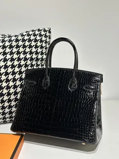 Crocodile Leather Black 30cm Glossy Gold Hardware Top Handle Tote Bag WCB099 image 3