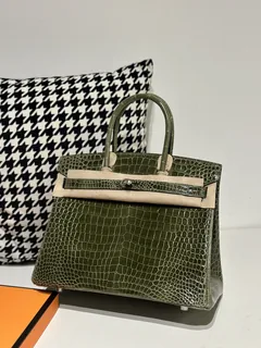 Crocodile Leather Olive Green 30cm Glossy Silver Hardware Top Handle Tote Bag WCB102 image 1