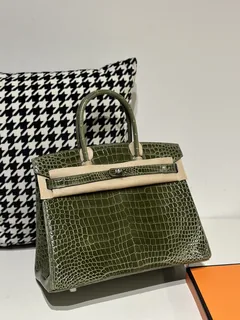 Crocodile Leather Olive Green 30cm Glossy Silver Hardware Top Handle Tote Bag WCB102 image 2