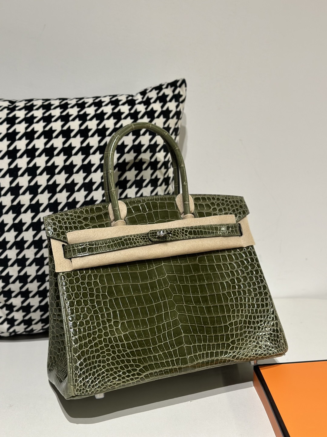 Crocodile Leather Olive Green 30cm Glossy Silver Hardware Top Handle Tote Bag WCB102 image 2
