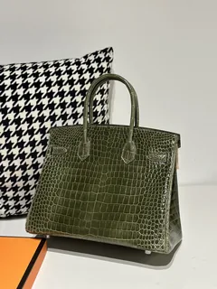 Crocodile Leather Olive Green 30cm Glossy Silver Hardware Top Handle Tote Bag WCB102 image 3
