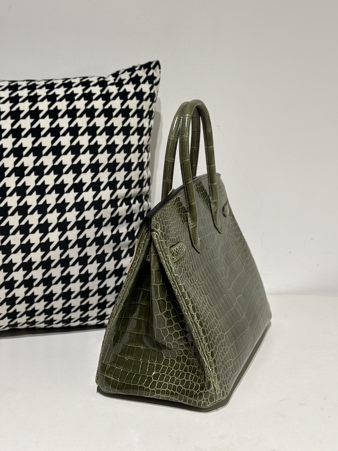 Crocodile Leather Olive Green 30cm Glossy Silver Hardware Top Handle Tote Bag WCB102 image 4