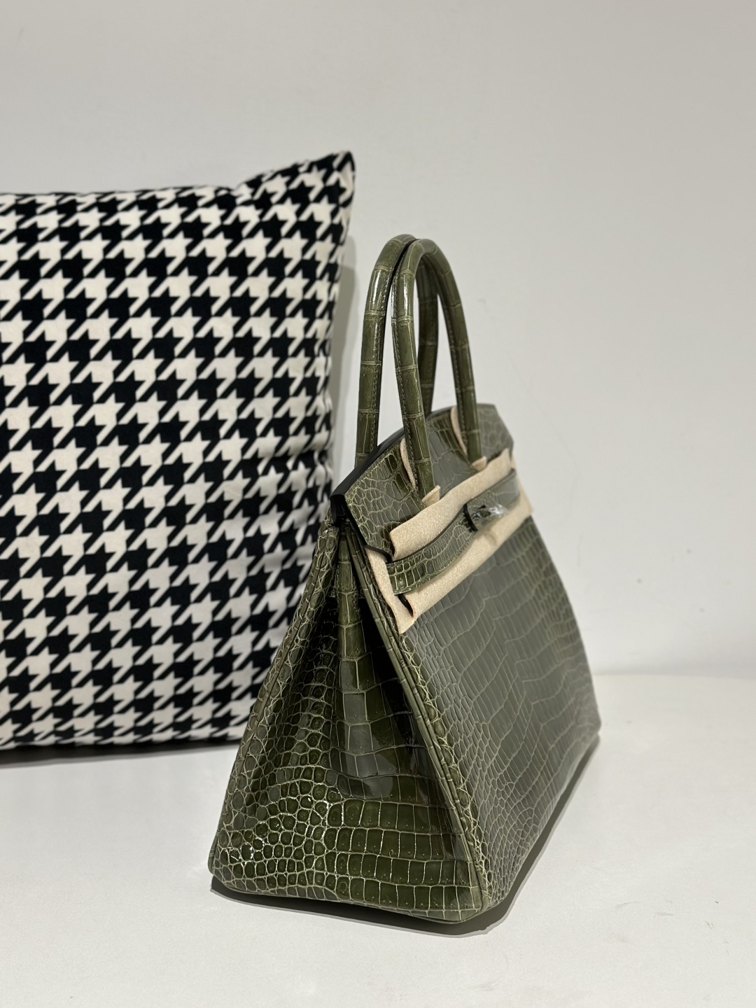 Crocodile Leather Olive Green 30cm Glossy Silver Hardware Top Handle Tote Bag WCB102 image 5