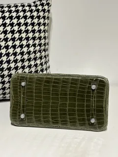 Crocodile Leather Olive Green 30cm Glossy Silver Hardware Top Handle Tote Bag WCB102 image 6