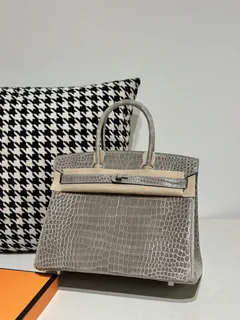 Crocodile Leather Dove Gray 30cm Glossy Silver Hardware Top Handle Tote Bag WCB103 image 1
