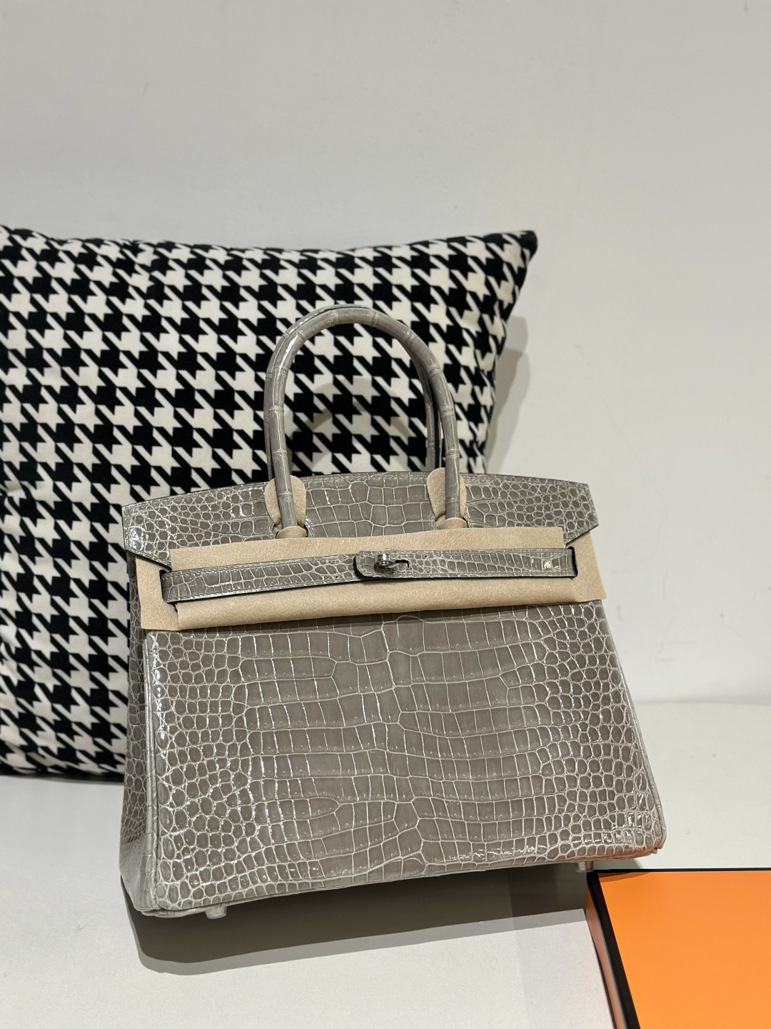 Crocodile Leather Dove Gray 30cm Glossy Silver Hardware Top Handle Tote Bag WCB103 image 2