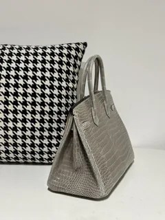 Crocodile Leather Dove Gray 30cm Glossy Silver Hardware Top Handle Tote Bag WCB103 image 4