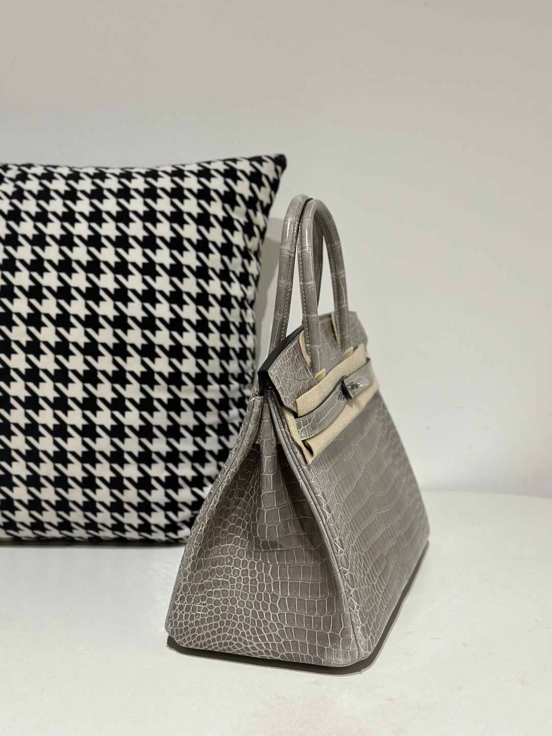 Crocodile Leather Dove Gray 30cm Glossy Silver Hardware Top Handle Tote Bag WCB103 image 5