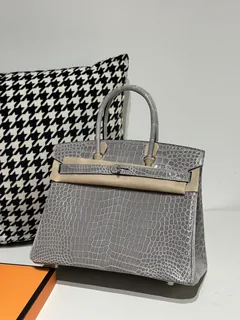 Crocodile Leather Crystal Gray 30cm Glossy Silver Hardware Top Handle Tote Bag WCB104 image 1