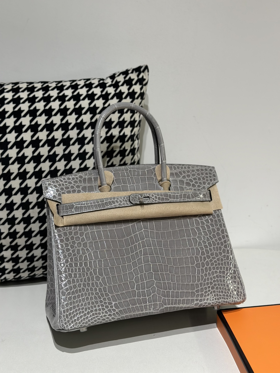Crocodile Leather Crystal Gray 30cm Glossy Silver Hardware Top Handle Tote Bag WCB104 photo 2
