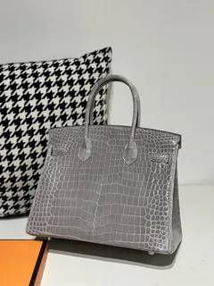 Crocodile Leather Crystal Gray 30cm Glossy Silver Hardware Top Handle Tote Bag WCB104 image 3