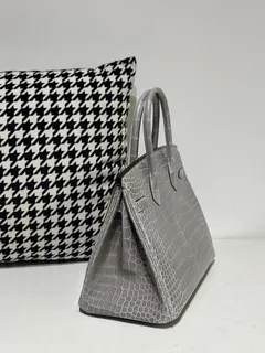 Crocodile Leather Crystal Gray 30cm Glossy Silver Hardware Top Handle Tote Bag WCB104 image 4