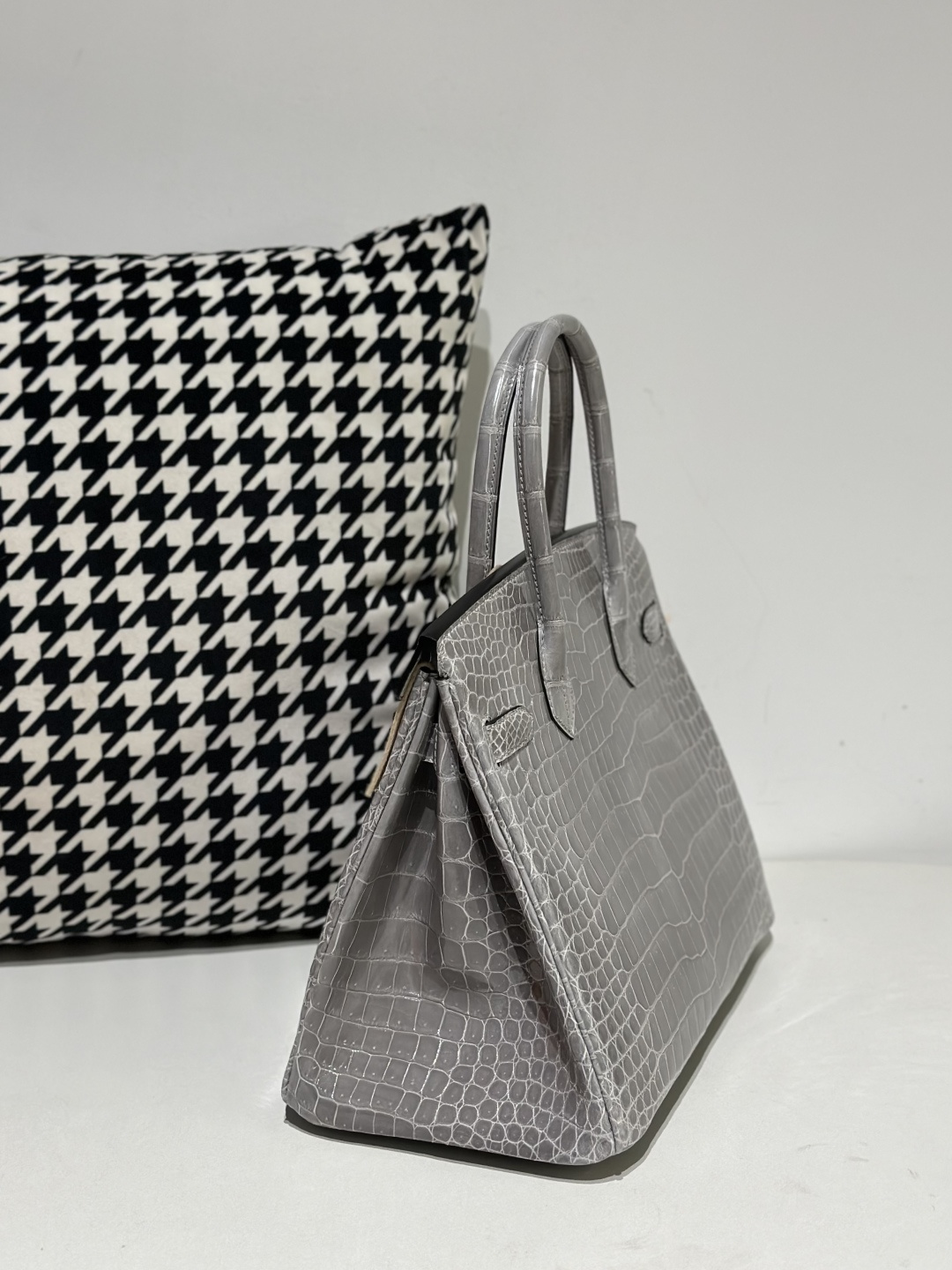 Crocodile Leather Crystal Gray 30cm Glossy Silver Hardware Top Handle Tote Bag WCB104 photo 4