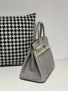Crocodile Leather Crystal Gray 30cm Glossy Silver Hardware Top Handle Tote Bag WCB104 image 5