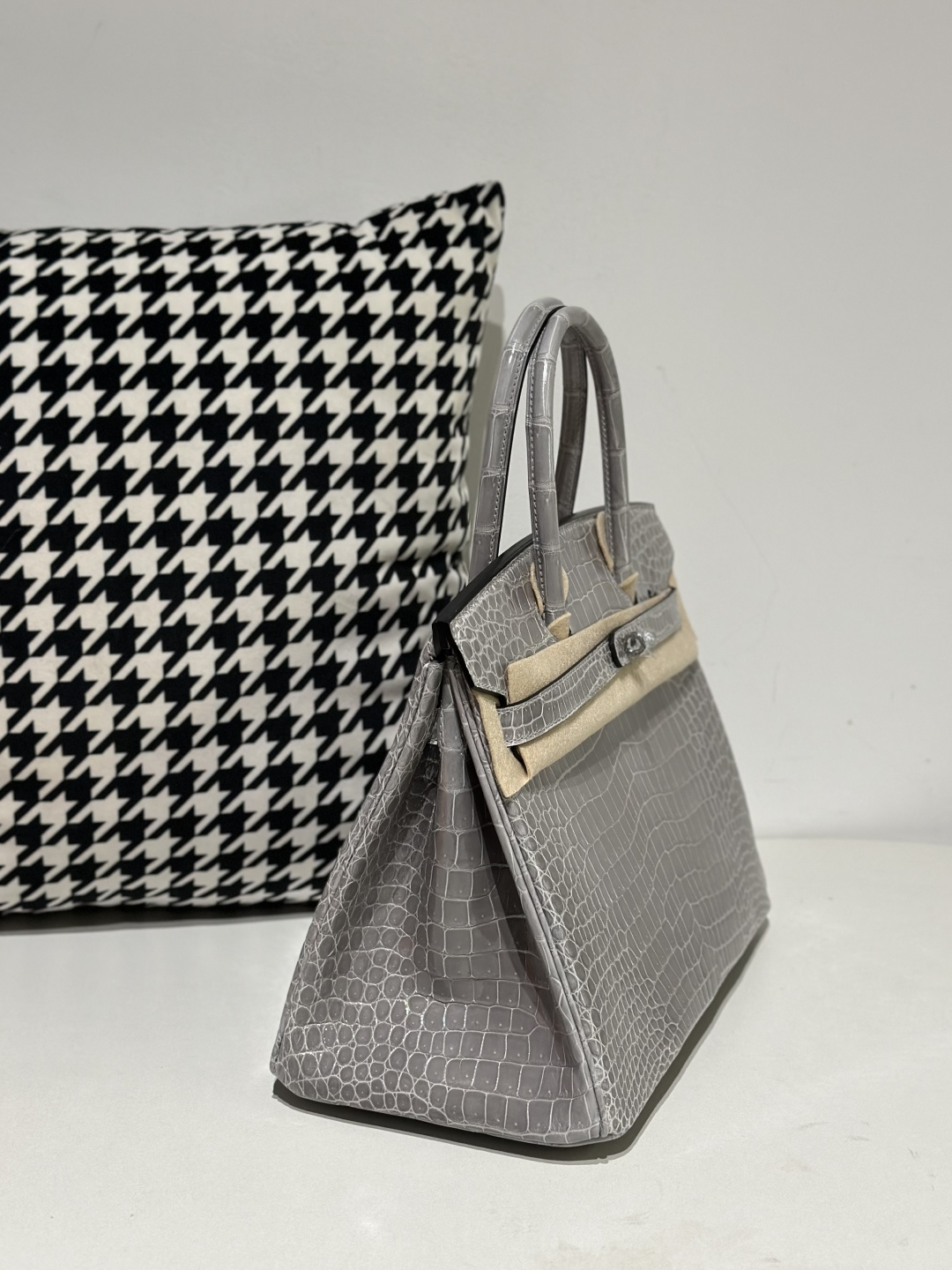 Crocodile Leather Crystal Gray 30cm Glossy Silver Hardware Top Handle Tote Bag WCB104 photo 5