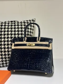 Crocodile Leather Blue 30cm Glossy Gold Hardware Top Handle Tote Bag WCB105 image 1
