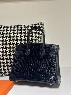 Crocodile Leather Blue 30cm Glossy Gold Hardware Top Handle Tote Bag WCB105 image 3