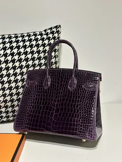 Crocodile Leather Purple 30cm Glossy Gold Hardware Top Handle Tote Bag WCB106 image 3