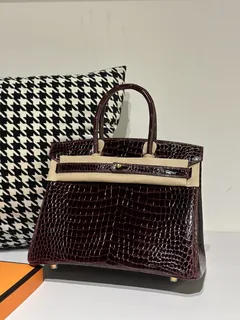 Crocodile Leather 30cm Glossy Burgundy Gold Hardware Top Handle Tote Bag WCB107 image 1