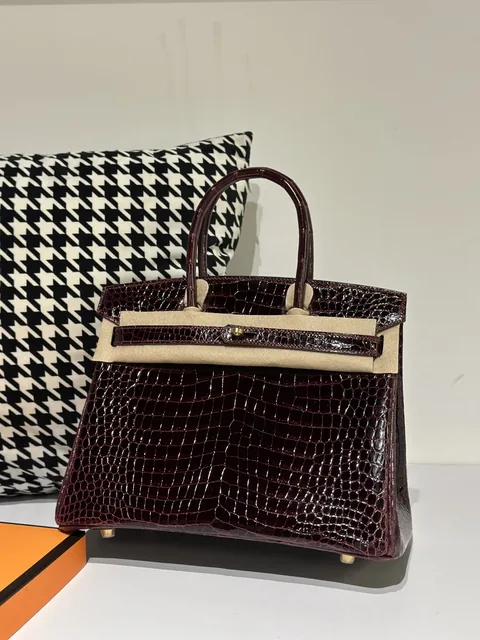 Crocodile Leather 30cm Glossy Burgundy Gold Hardware Top Handle Tote Bag WCB107