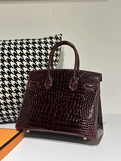 Crocodile Leather 30cm Glossy Burgundy Gold Hardware Top Handle Tote Bag WCB107 image 3