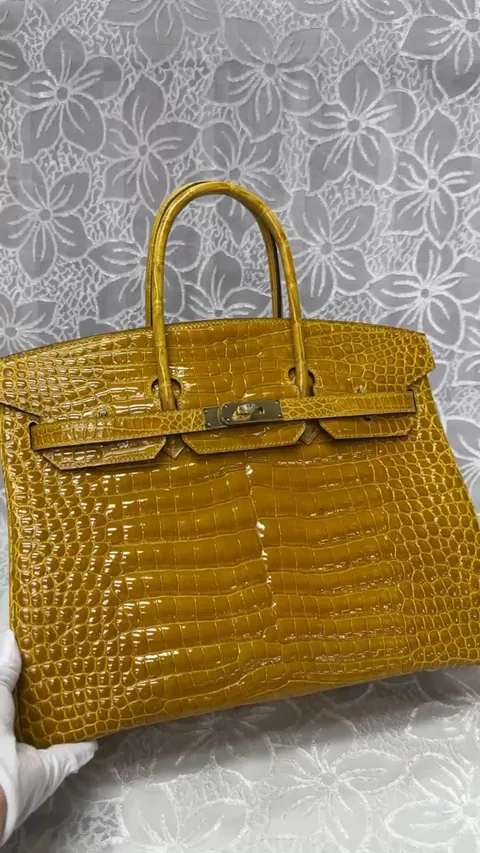 Crocodile Leather Amber Yellow 35cm Glossy Top Handle Tote Bag WCB114
