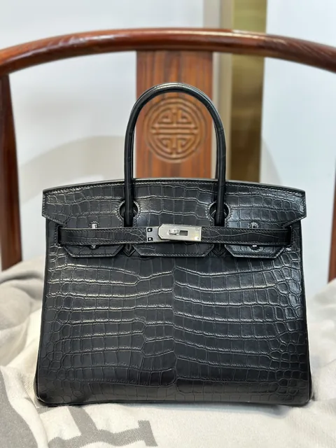 Crocodile Leather Black 30cm Matte Silver Hardware Top Handle Tote Bag WCB117