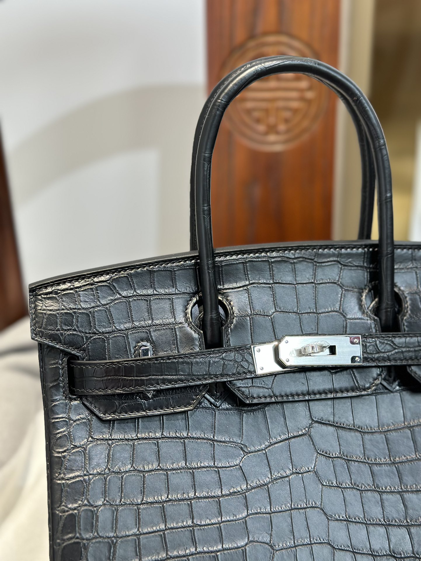 Crocodile Leather Black 30cm Matte Silver Hardware Top Handle Tote Bag WCB117 photo 2