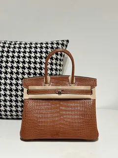 Crocodile Leather Saddle Brown 30cm Matte Silver Hardware Top Handle Tote Bag WCB121 image 1
