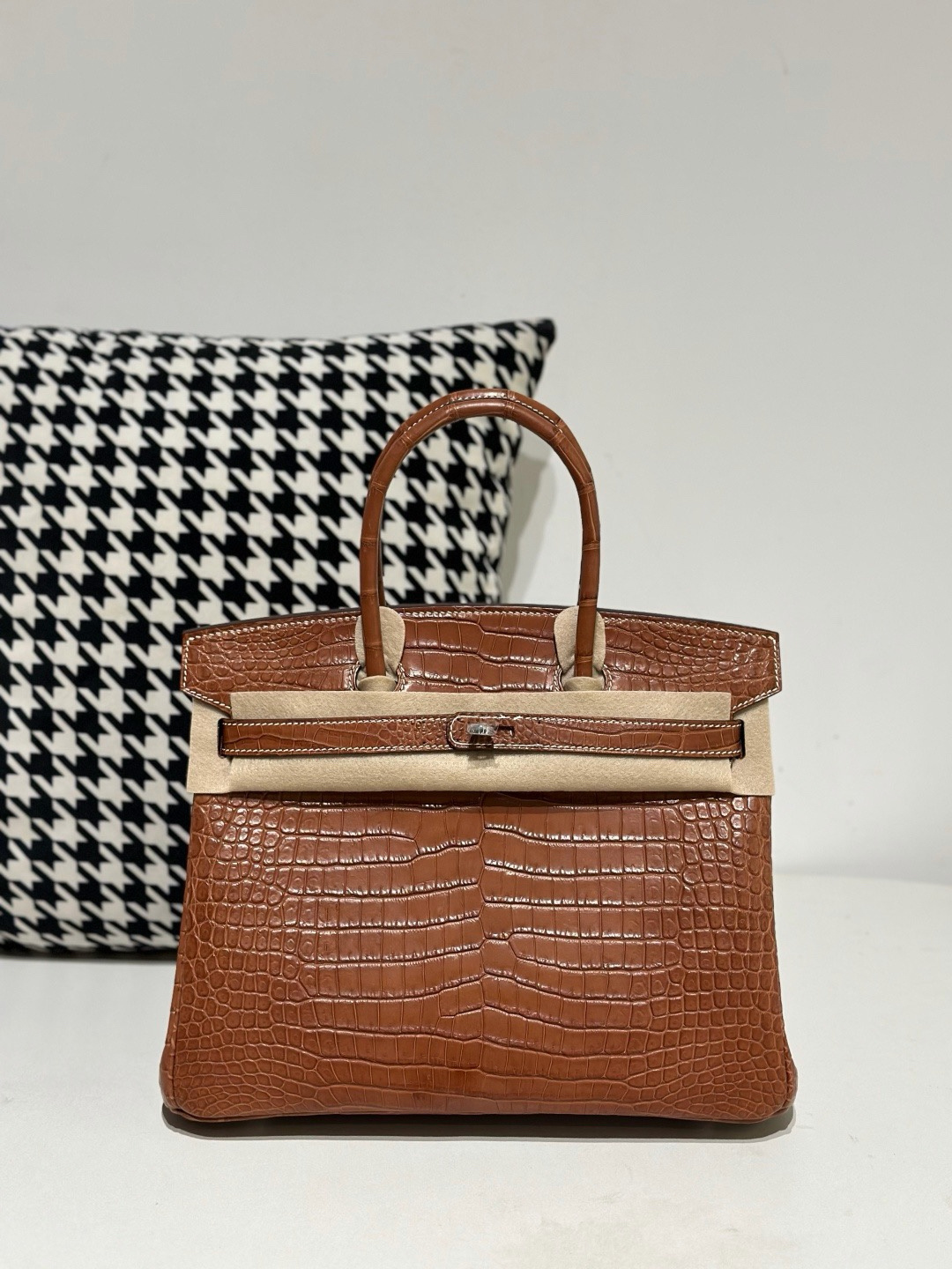 Crocodile Leather Saddle Brown 30cm Matte Silver Hardware Top Handle Tote Bag WCB121