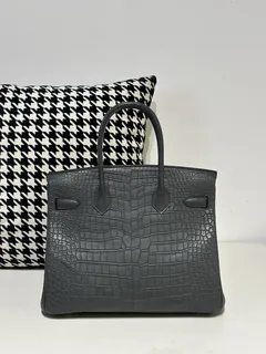 Crocodile Leather Graphite Gray 30cm Matte Gold Hardware Top Handle Tote Bag WCB123 image 3