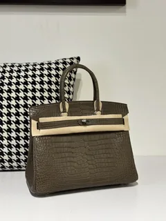 Crocodile Leather Taupe Gray 30cm Matte Silver Hardware Top Handle Tote Bag WCB124 image 2