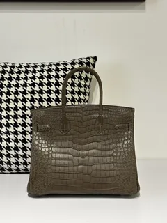 Crocodile Leather Taupe Gray 30cm Matte Silver Hardware Top Handle Tote Bag WCB124 image 3