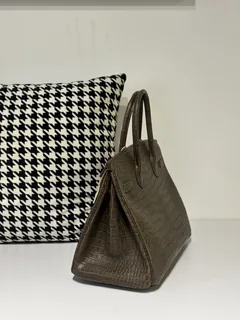 Crocodile Leather Taupe Gray 30cm Matte Silver Hardware Top Handle Tote Bag WCB124 image 4