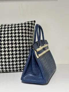 Crocodile Leather Blue 30cm Matte Silver Hardware Top Handle Tote Bag WCB125 image 5