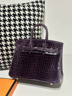 Crocodile Leather Gallon Purple 25cm Glossy Gold Hardware Top Handle Tote Bag WCB128 image 1