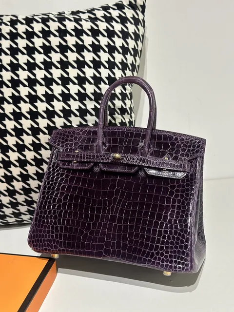 Crocodile Leather Gallon Purple 25cm Glossy Gold Hardware Top Handle Tote Bag WCB128