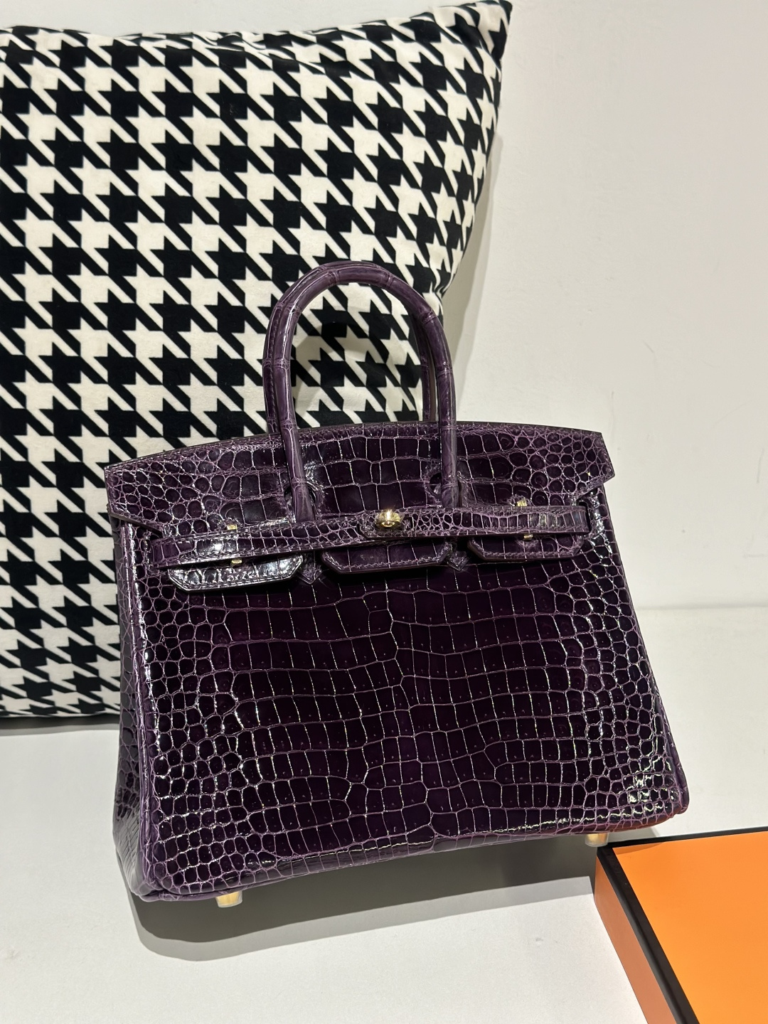 Crocodile Leather Gallon Purple 25cm Glossy Gold Hardware Top Handle Tote Bag WCB128 photo 2