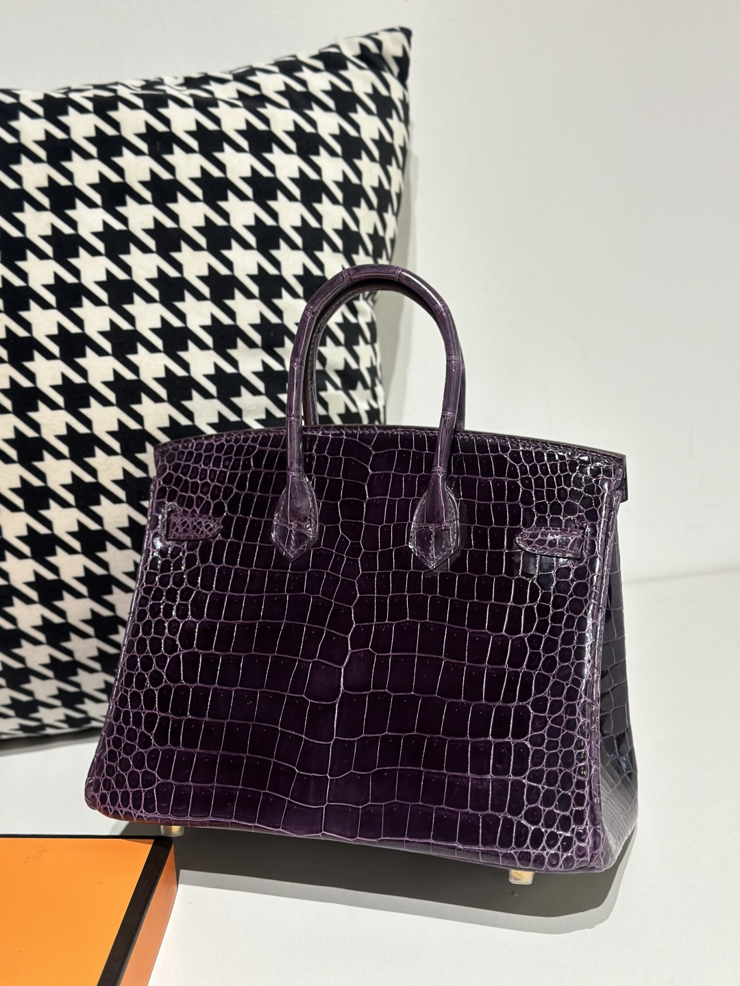 Crocodile Leather Gallon Purple 25cm Glossy Gold Hardware Top Handle Tote Bag WCB128 photo 3