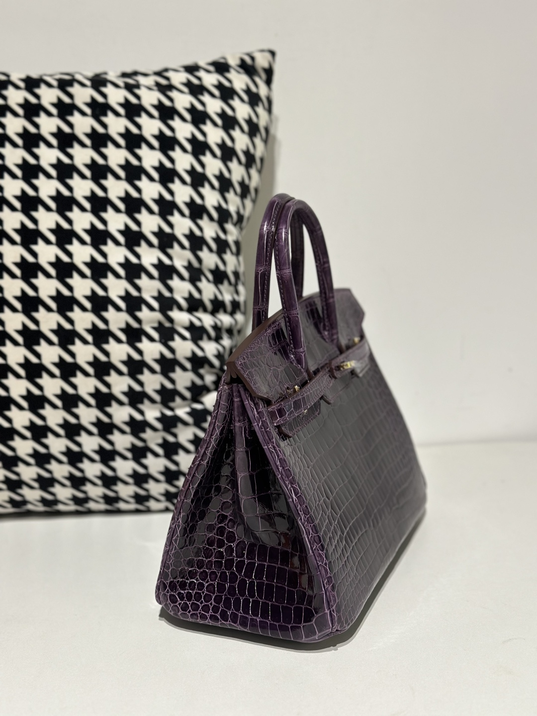 Crocodile Leather Gallon Purple 25cm Glossy Gold Hardware Top Handle Tote Bag WCB128 photo 5
