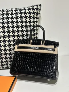 Crocodile Leather Black 25cm Glossy Silver Hardware Top Handle Tote Bag WCB130 image 1