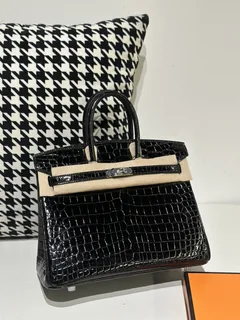 Crocodile Leather Black 25cm Glossy Silver Hardware Top Handle Tote Bag WCB130 image 2