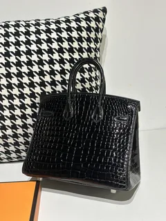 Crocodile Leather Black 25cm Glossy Silver Hardware Top Handle Tote Bag WCB130 image 3