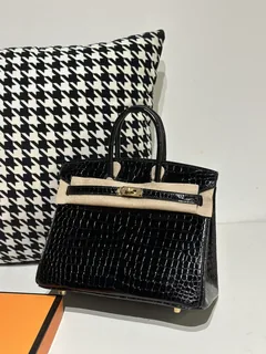 Crocodile Leather Black 25cm Glossy Gold Hardware Top Handle Tote Bag WCB131 image 1